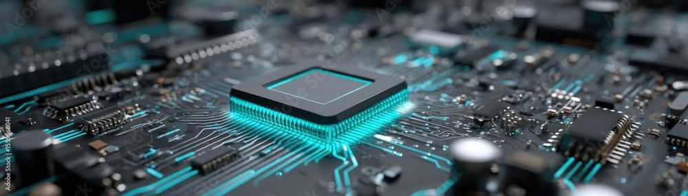 Aufkleber Hybrid processor in plasma development concept. Close-up of a modern microchip on a circuit board with glowing elements.