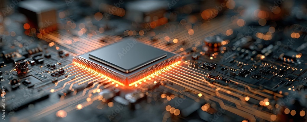Aufkleber Hybrid processor in plasma development concept. Close-up of electronic circuit board with glowing processor.