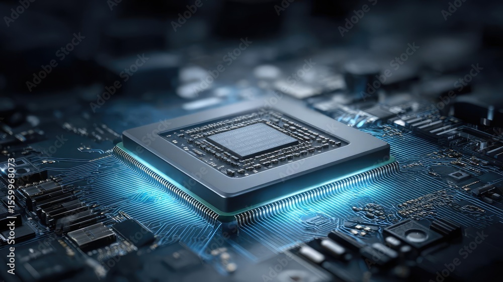 Aufkleber Hybrid processor in plasma development concept. Close-up of a modern computer chip with glowing effects.