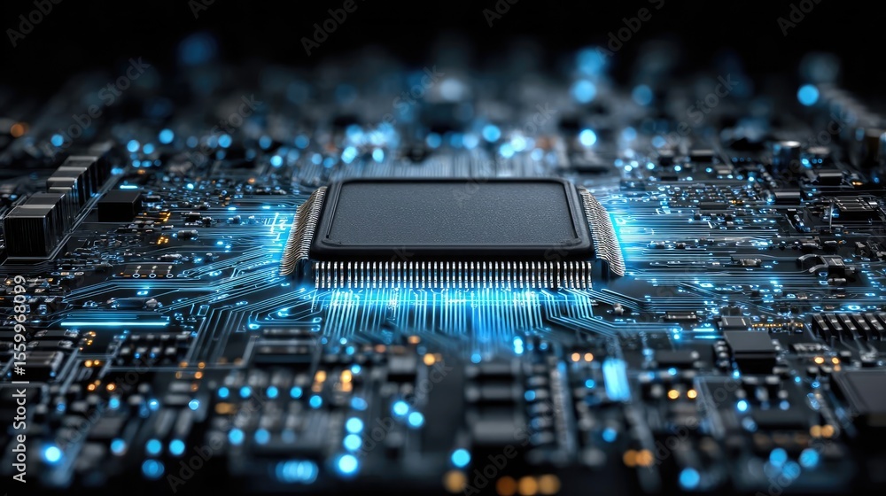 Aufkleber Hybrid processor in plasma development concept. Close-up of a microchip on a circuit board with glowing lights.