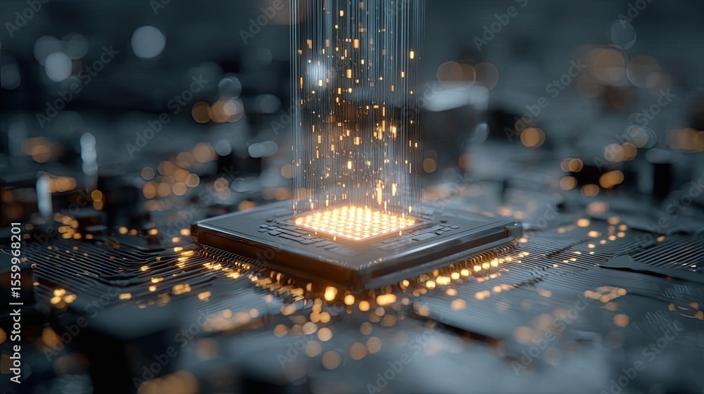 Poster Hybrid processor in plasma development concept. Futuristic microchip with glowing circuitry and digital elements.