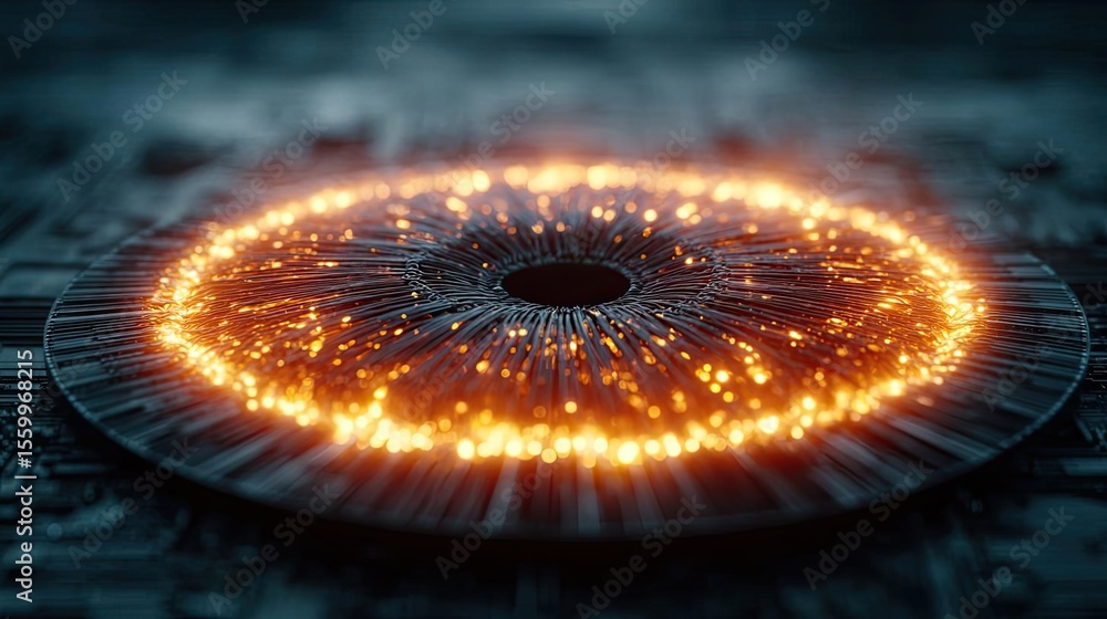 Aufkleber Hybrid processor in plasma development concept. Futuristic glowing ring with sparks on a digital surface.