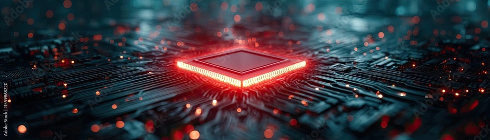 Aufkleber Hybrid processor in plasma development concept. Futuristic microchip glowing in a digital landscape.