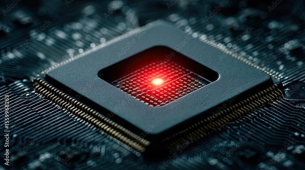 Aufkleber Hybrid processor in plasma development concept. Close-up of a computer chip with illuminated red light.
