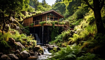 Water catchment system made from natural materials hidden among wild greenery and embedded in sloped terrain