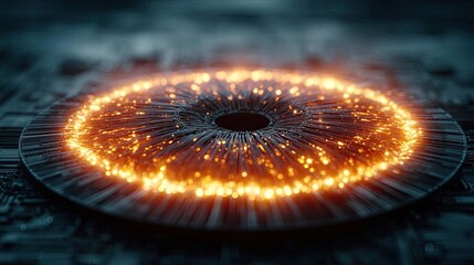 Hybrid processor in plasma development concept. Futuristic glowing ring with sparks on a digital surface.