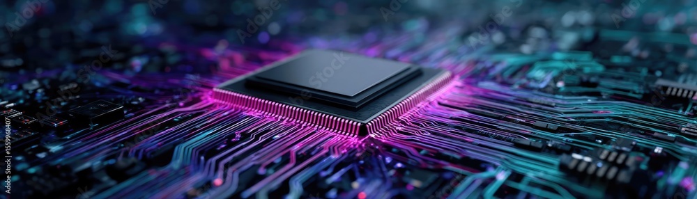 Poster Hybrid processor in plasma development concept. Close-up of a microchip on a vibrant circuit board.
