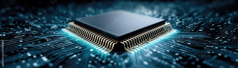 Poster Hybrid processor in plasma development concept. Close-up of a microchip with glowing circuits on a dark background.