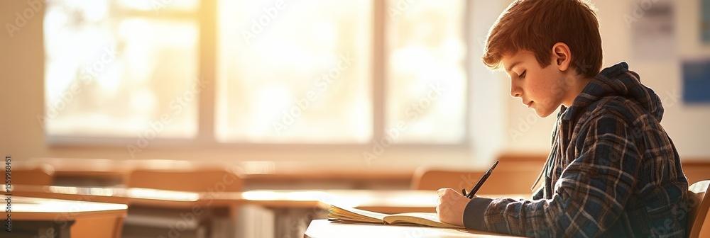 Poster Young boy student is concentrating while taking notes in his notebook during class at elementary school in a classroom with desks and large windows