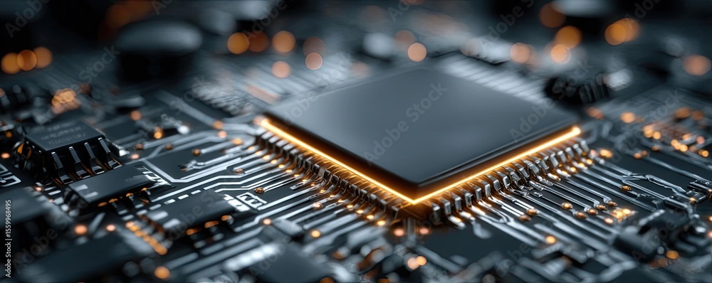 Aufkleber Adaptive chip and programmable integration concept. Close-up of a microchip on a circuit board, showcasing modern tech.