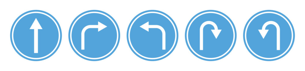 U-Turn and Direction Arrow Icons Set | One Way, Left & Right Turn Symbols with Long Shadow Vector Illustration on White Background