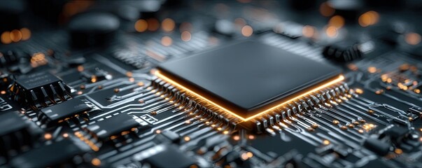 Adaptive chip and programmable integration concept. Close-up of a microchip on a circuit board, showcasing modern tech.