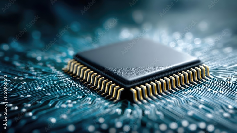 Aufkleber Adaptive chip and programmable integration concept. Close-up of a microchip on a circuit board, showcasing technology.