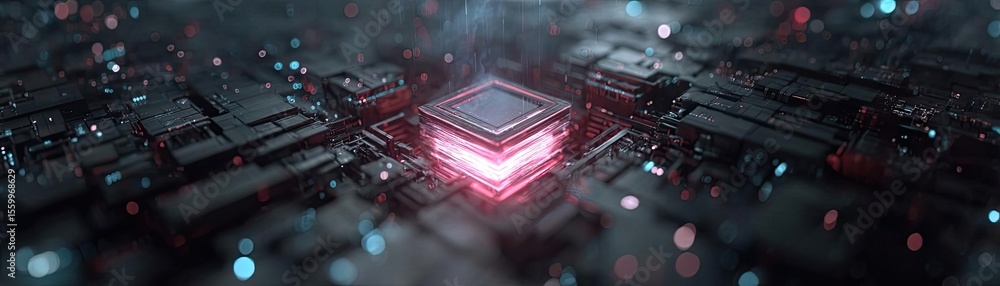 Poster Hybrid processor in plasma development concept. Futuristic motherboard with glowing elements and neon lights.