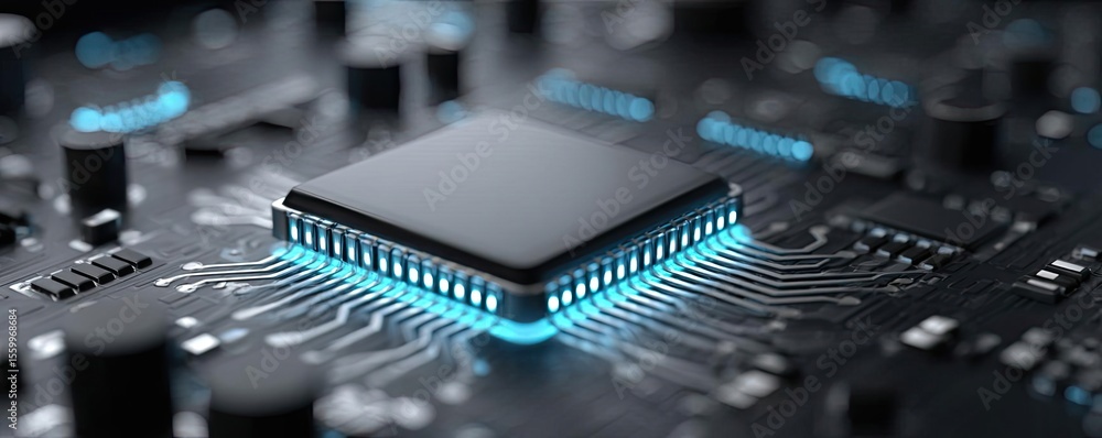 Aufkleber Adaptive chip and programmable integration concept. Close-up of a microchip on a circuit board with glowing elements.