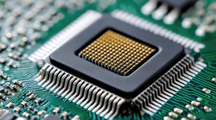 Adaptive chip and programmable integration concept. Detailed close-up of a computer processor on a circuit board.