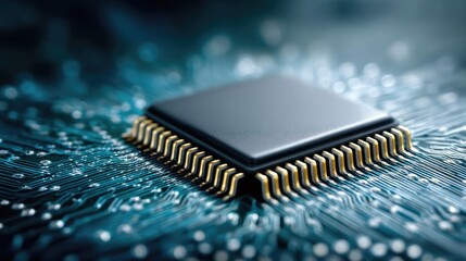 Adaptive chip and programmable integration concept. Close-up of a microchip on a circuit board, showcasing technology.