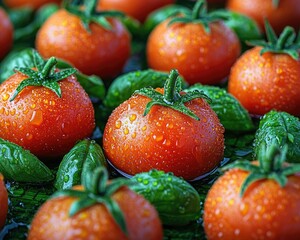 Fresh, juicy, wet cherry tomatoes and basil leaves