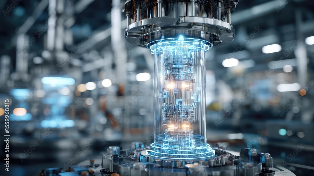 Poster Hybrid processor in plasma development concept. Futuristic technology machinery with glowing elements in a factory.