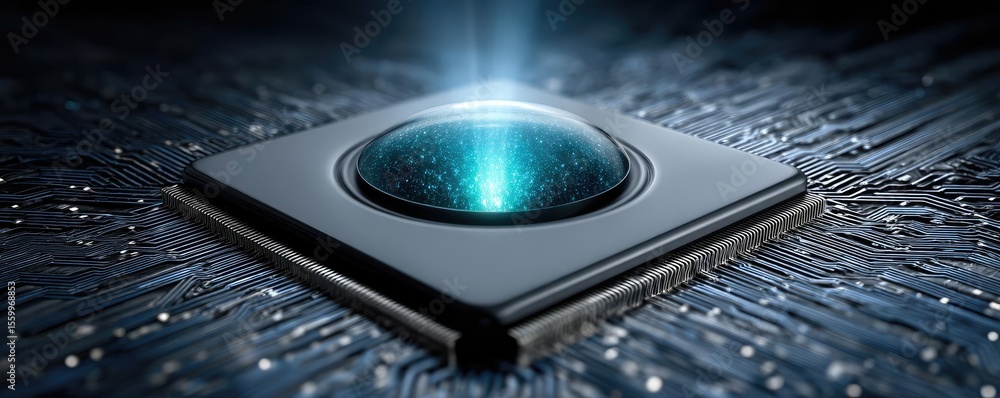 Poster Hybrid processor in plasma development concept. Futuristic technology showcasing a glowing microchip detail.