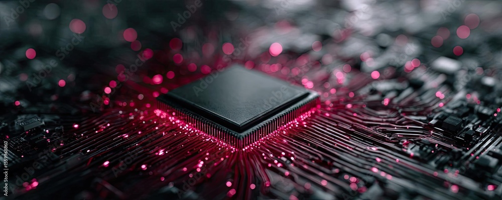 Aufkleber Hybrid processor in plasma development concept. Close-up view of a computer chip with illuminated circuits.