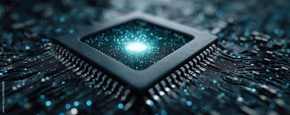 Aufkleber Hybrid processor in plasma development concept. Close-up of a computer chip with glowing particles.