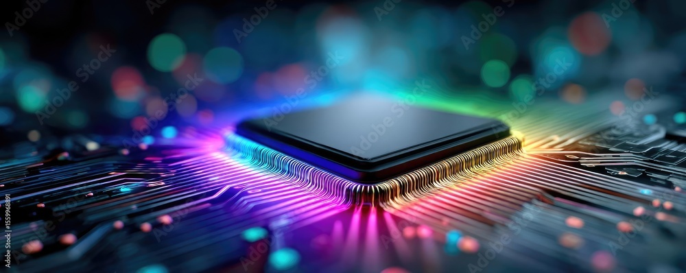 Aufkleber Hybrid processor in plasma development concept. Vibrant microchip with colorful glowing lights and circuit connections.