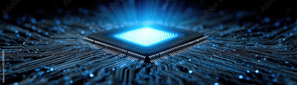 Poster Hybrid processor in plasma development concept. Futuristic microchip glowing with blue light on dark circuit board.