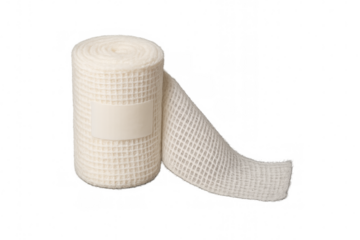 White medical bandage roll with blank label on transparent background