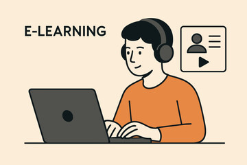 Smiling student with headphones using laptop for online education and video tutorials