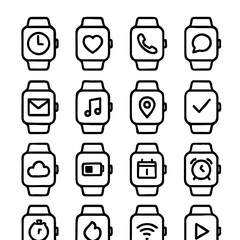 Smartwatch Icons: Clock, Heart, Phone, Message, Mail, Music, Location, Checkmark, Cloud, Battery, Calendar, Alarm, Timer, Flame, Wifi, Play
