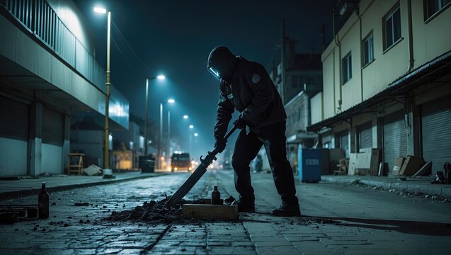 Lonely urban street with a silhouetted figure cleaning the pavement on a rainy night