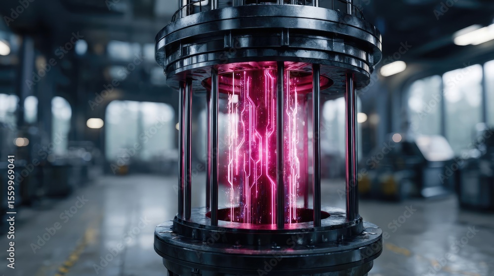 Aufkleber Hybrid processor in plasma development concept. Futuristic energy generator with glowing plasma and intricate design.