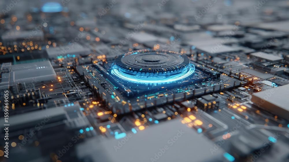 Aufkleber Hybrid processor in plasma development concept. Close-up of a futuristic circuit board with glowing elements.