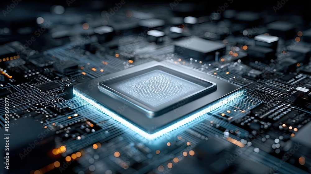 Aufkleber Hybrid processor in plasma development concept. Close-up view of a modern microprocessor on a circuit board.