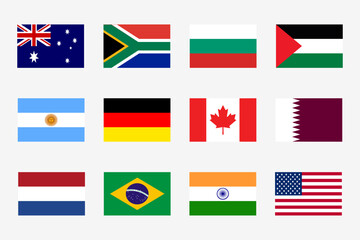 Naklejka premium Flag icon set. Simple vector flags of the different countries. Australia, south africa, hungary, palestine, argentine, germany, canada, qatar, netherlands, brazil, india, usa