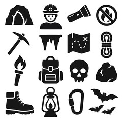 Spelunking Exploration Icon Set: Cave, Miner, Gear, Bats