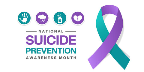 September is National Suicide Prevention Awareness Month. Ribbon, hand and more. Great for posters, banners and social media. White background.