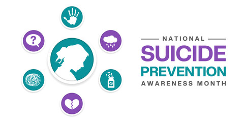 September is National Suicide Prevention Awareness Month. Women, hand, cloud, medicine and more. Great for posters, banners and social media. White background.