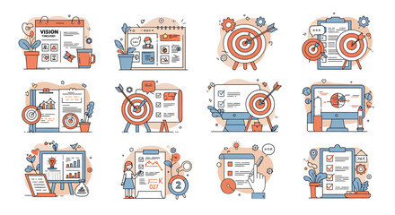 Strategic Goal Achievement Visualized: Target Icons, Checklists, and Data Charts