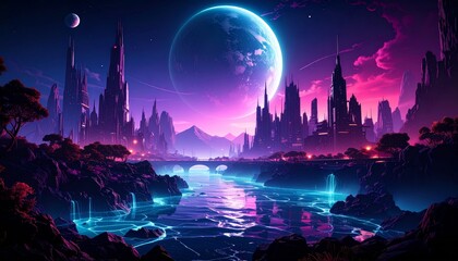 Obraz premium Alien city skyline silhouette vector illustration of a downtown European travel landmark at night