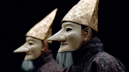 Eccentric masked figures in golden conical hats evoke whimsical tales, akin to ancient Venetian carnival rituals and Festum Omnium Sanctorum