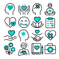 Symbolic Icons Depicting Mental Health, Love, and Emotional Well-being Concepts.