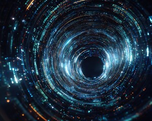Abstract digital tunnel with glowing lights and dark center in a circular pattern design