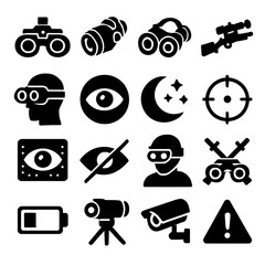 Surveillance and Observation Icons: Binoculars, Rifle, Security Camera, and Night Vision