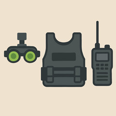 Tactical Gear: Night Vision, Body Armor, and Two-Way Radio Illustration