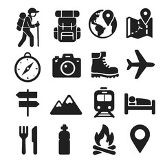 Travel and Adventure Icons: Hiker, Backpack, Globe, Map, Compass, Camera, Boot, Plane