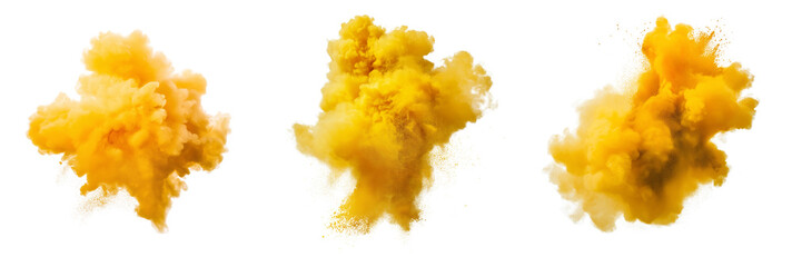 Set of yellow smoke powder explotion isolated on transparent background. Yellow Powder Smoke Blast Set Transparent Isolated. 