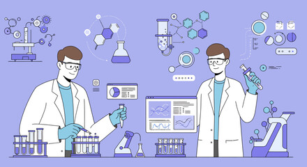 Two scientists in lab coats conducting experiments with test tubes and digital interfaces