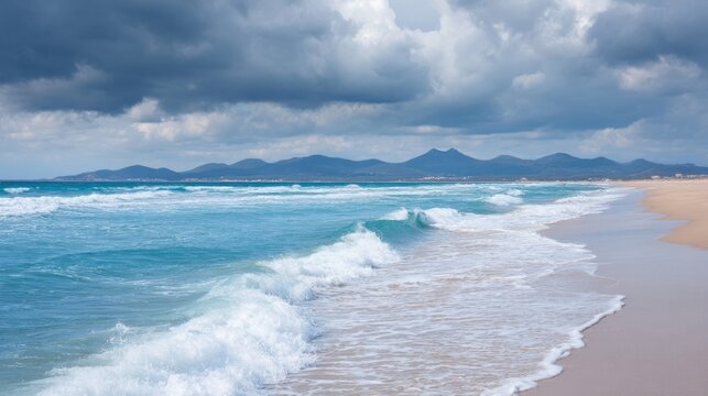 Roiling azure waves caress golden sands under tempestuous skies, celebrating World Oceans Day and the Enramada festival